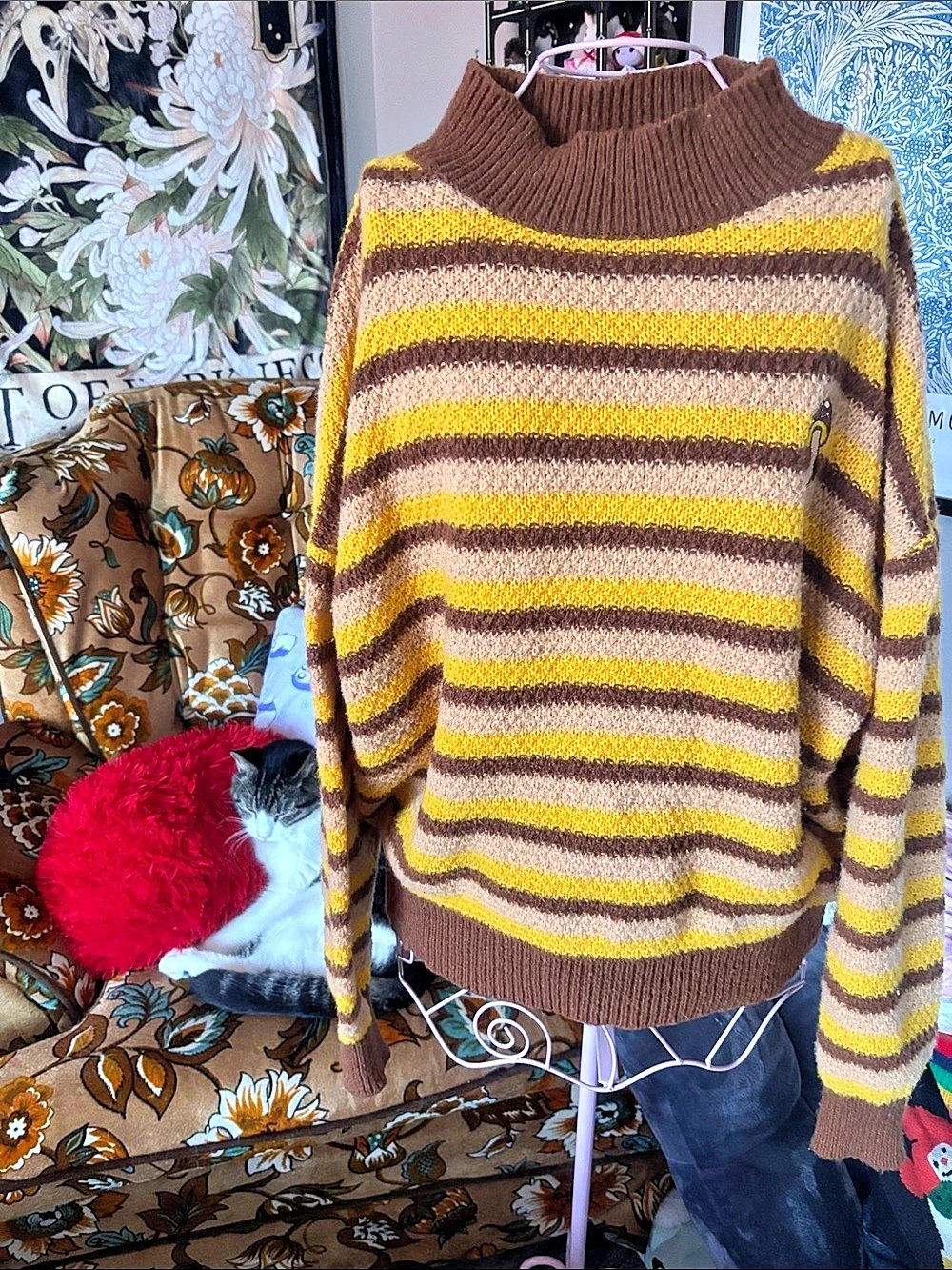 Striped Turtleneck Sweater Brown & Yellow Large